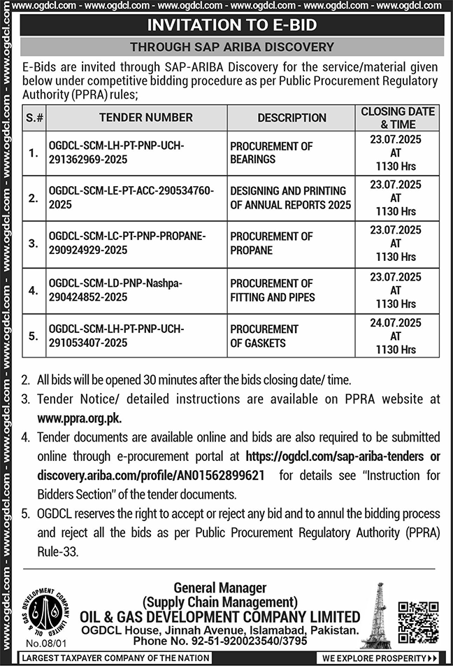 Oil & Gas Development Company Islamabad Tender Notice